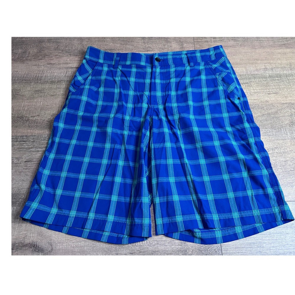 Lululemon Mens Commission Golf Shorts Blue Green Plaid Size 36 10" Inseam